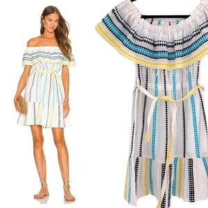 Lemlem‎ Revolve White Blue Yellow Striped Ruffled Off shoulder Mini Sundress S